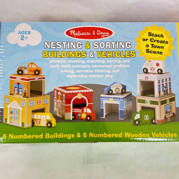 Melissa & Doug Nesting & Sorting 6 Buildings & Wooden Vehicles Community Helpers - Picture 1 of 9